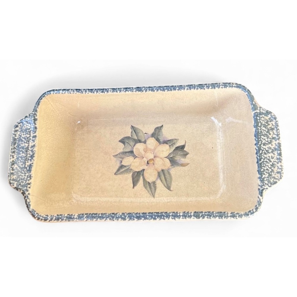 Vintage Ceramic Loaf Pan Baking Dish Magnolia Flower Blue Rim Country Kitchen